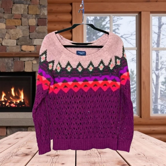 American Eagle Sweater Fair Isle Crew Neck wool blend Purple Orange Pinks Size L - Picture 1 of 13